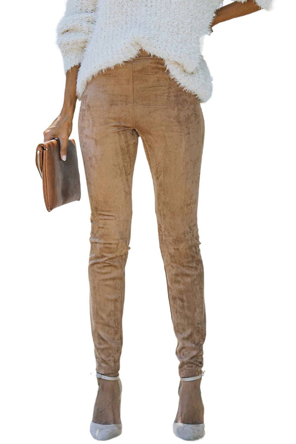 Khaki Mid Rise Faux Suede Leggings