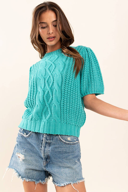 Jade Puff Sleeve Cable Sweater
