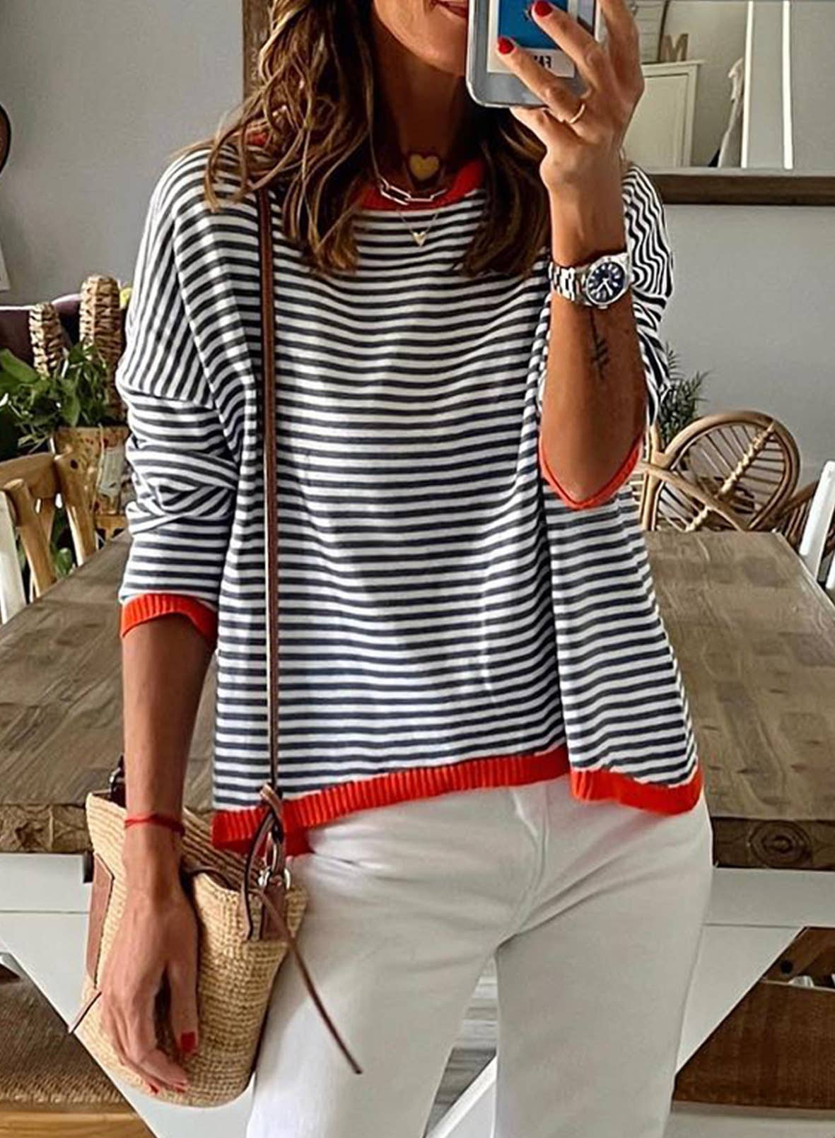 Pop of Red Striped Sweater