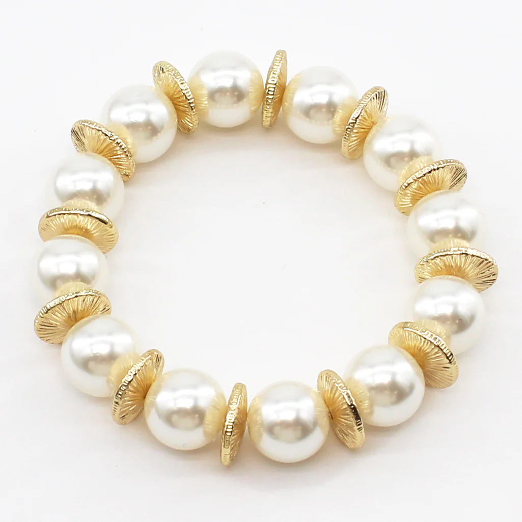 Pearl Beaded with Gold Disk Bracelet