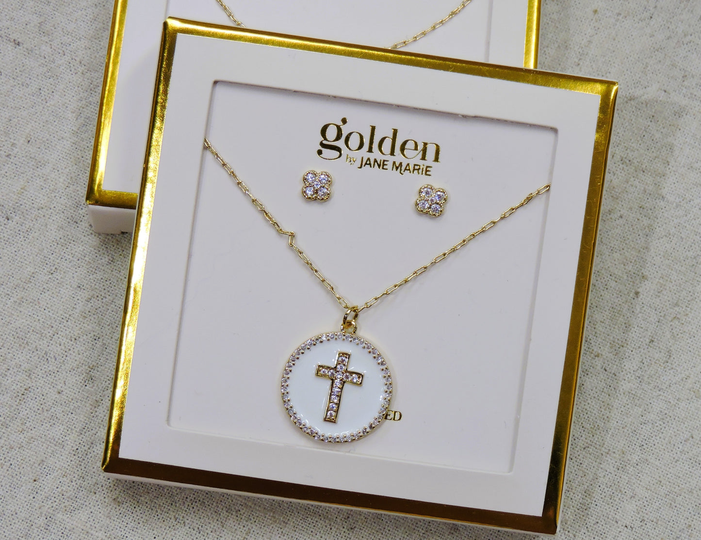 Gold Chain Necklace with Crystal Cross and Crystal Earrings