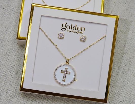 Gold Chain Necklace with Crystal Cross and Crystal Earrings