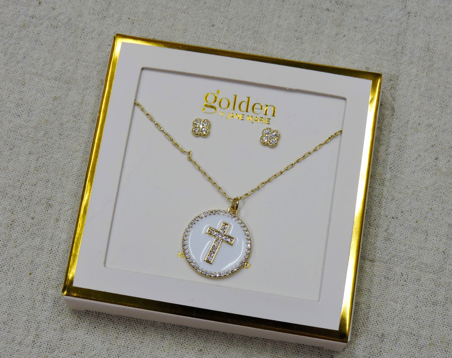 Gold Chain Necklace with Crystal Cross and Crystal Earrings