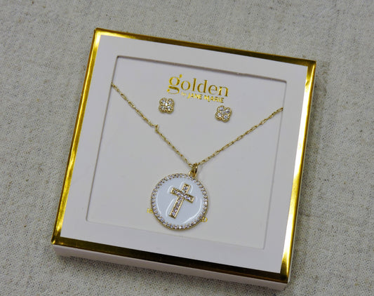 Gold Chain Necklace with Crystal Cross and Crystal Earrings