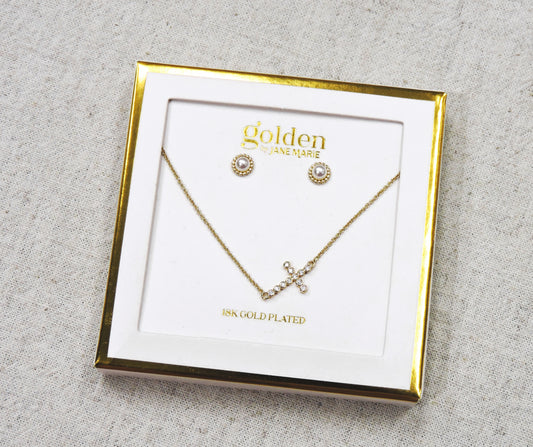 Gold Chain Necklace with Crystal Cross and Coordinating Earrings