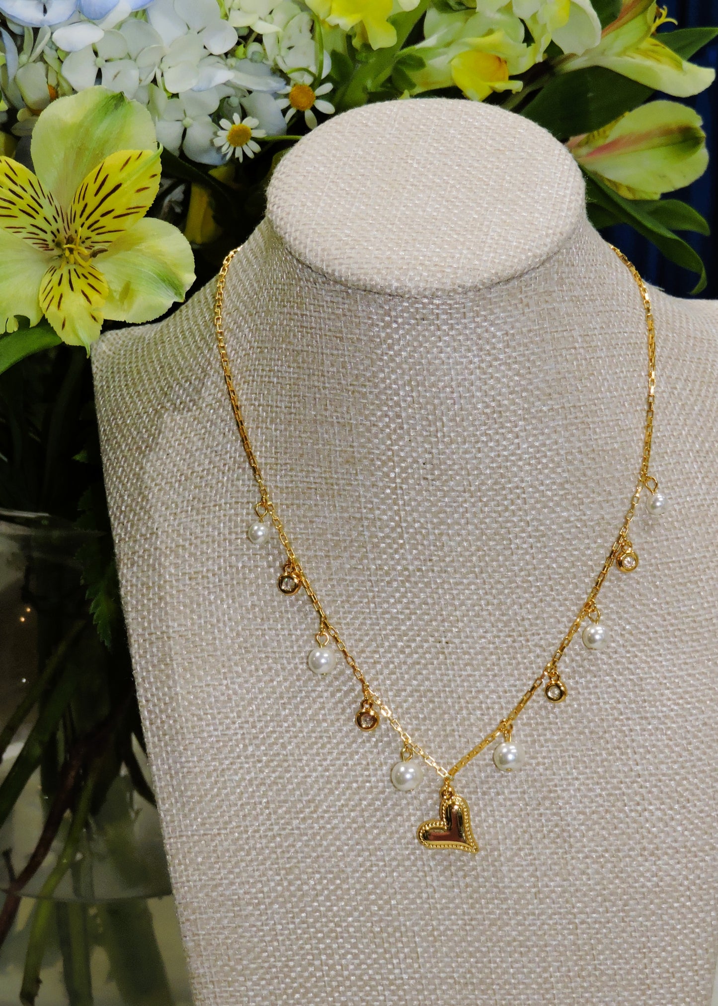 Longbox Chain Necklace, Pearls, Crystal Charms, and Gold Heart