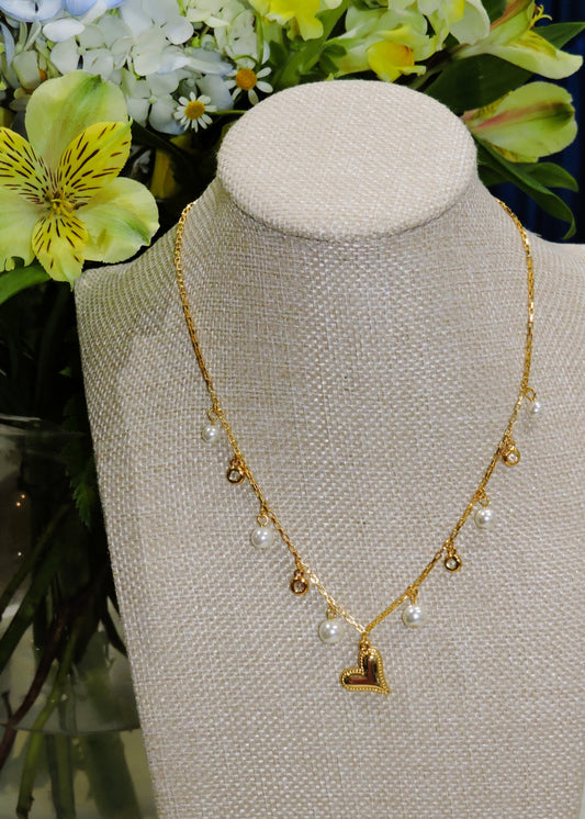 Longbox Chain Necklace, Pearls, Crystal Charms, and Gold Heart