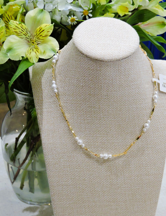 Gold Bar link Chain Necklace with Pearls