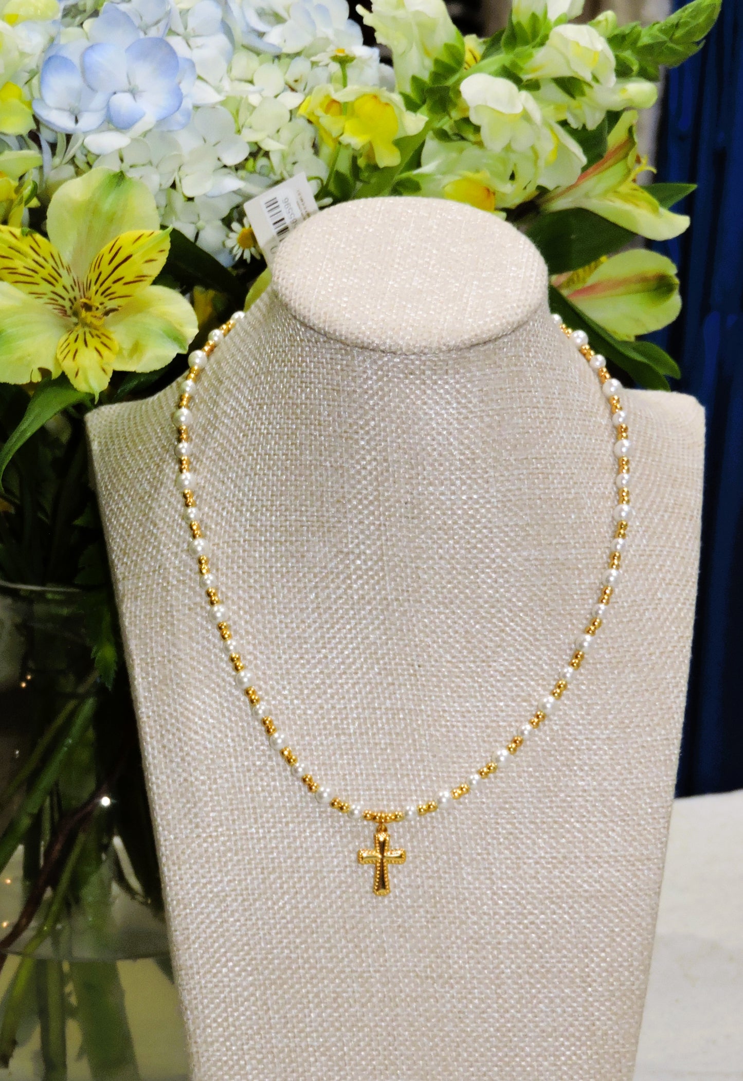 Gold & Pearl Beaded Necklace with Gold Cross
