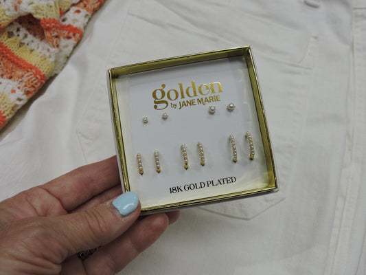 Gold Circle Pearl Studs & 3 Gold Huggies with Pearls