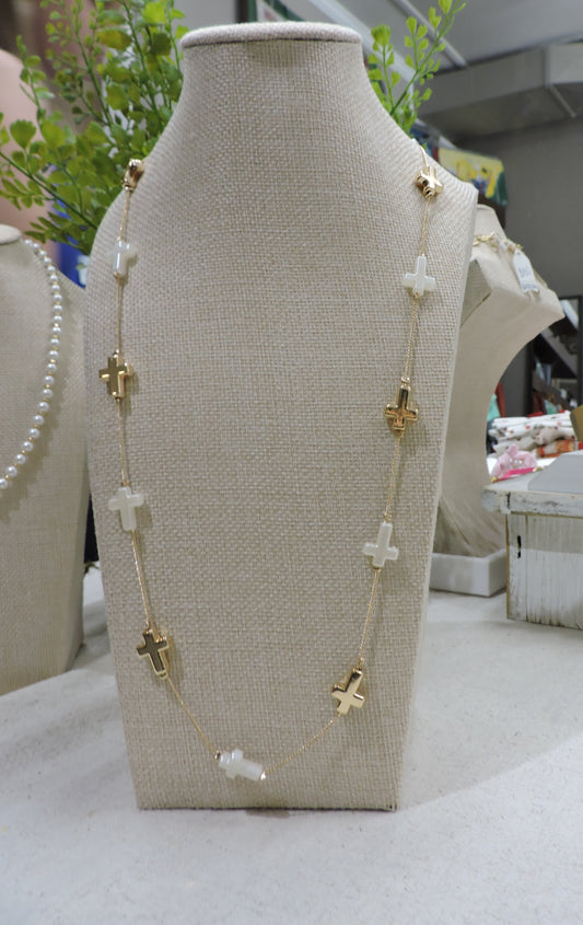 Gold Satellite Chain Necklace with Gold, Pearl Cross Stations