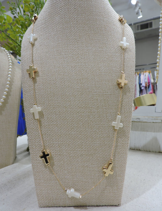 Gold Satellite Chain Necklace with Gold, Pearl Cross Stations