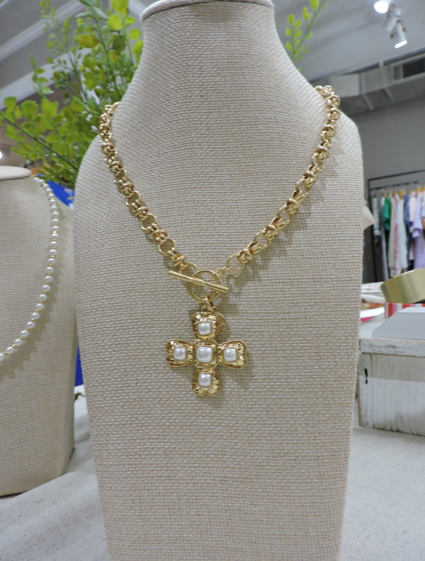 Gold Double Connector Rolo Chain Necklace with Pearl Accents Artisan Cross