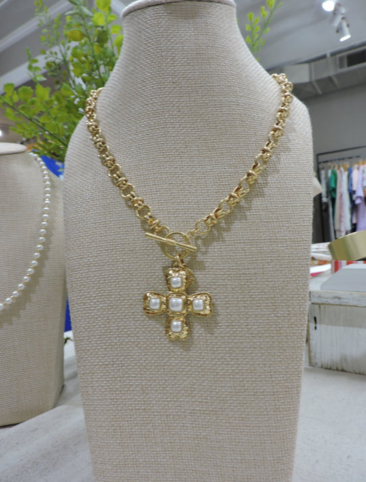 Gold Double Connector Rolo Chain Necklace with Pearl Accents Artisan Cross