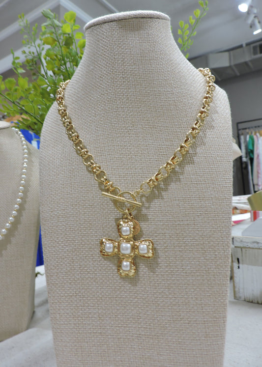 Gold Double Connector Rolo Chain Necklace with Pearl Accents Artisan Cross