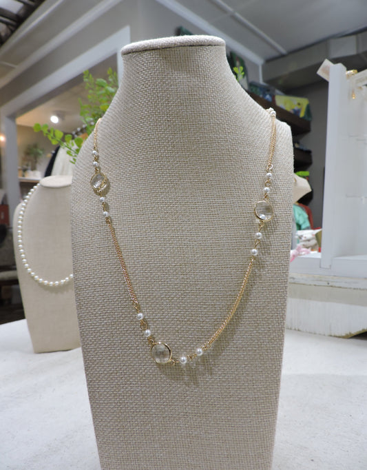 Gold Double Chain Pearl Accents, Crystal Stations Necklace