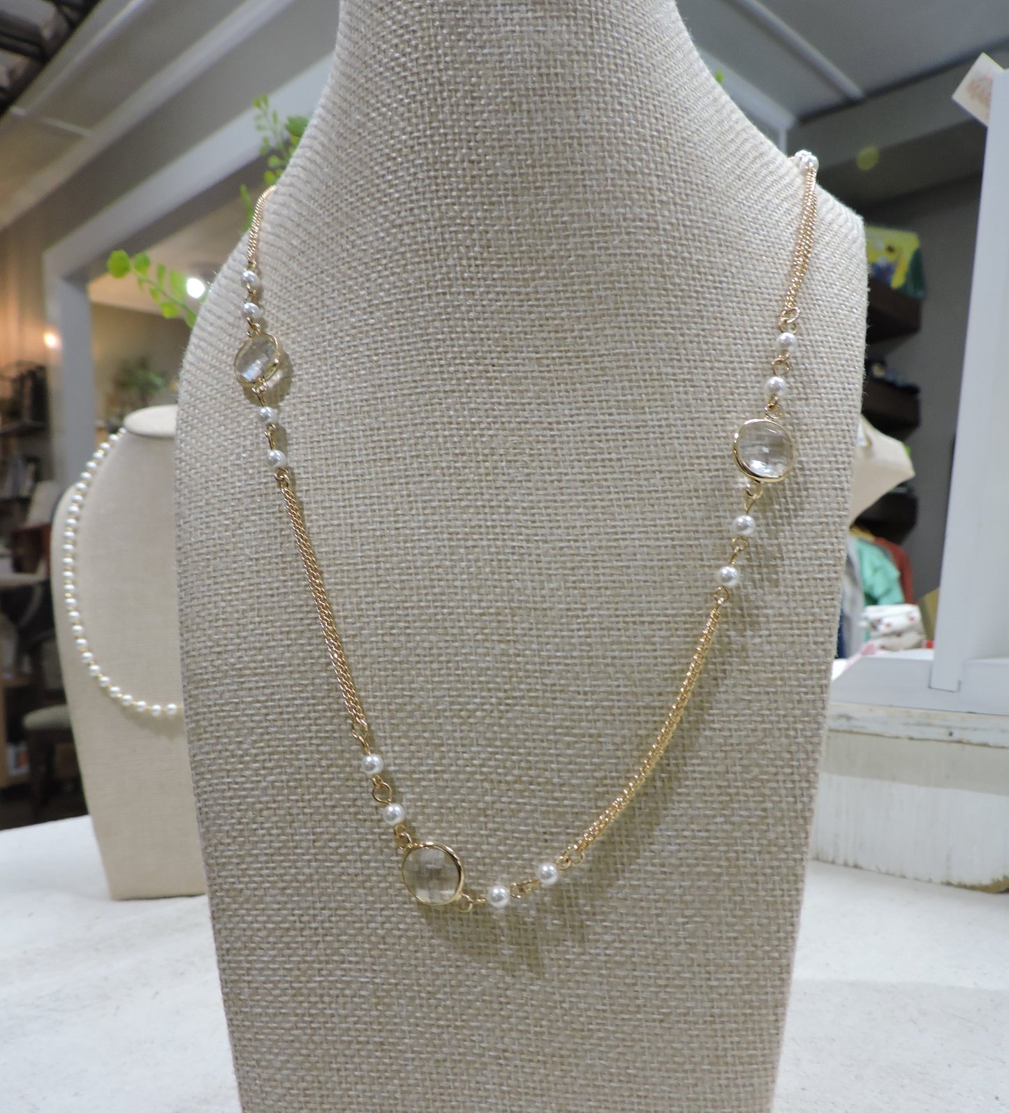 Gold Double Chain Pearl Accents, Crystal Stations Necklace