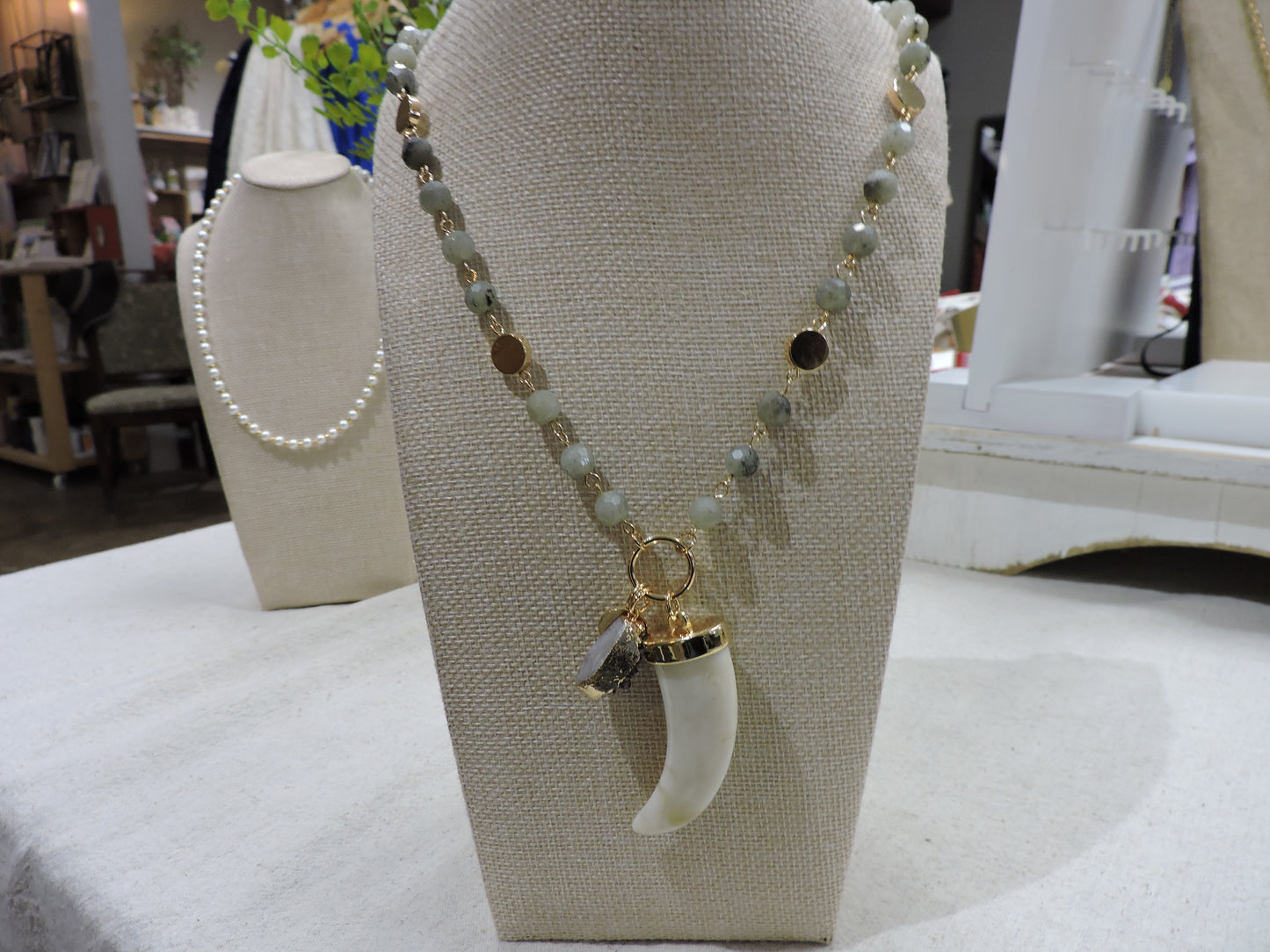 Kiwi Semi Precious Beaded Link Necklace with White Horn & Grey Druzy
