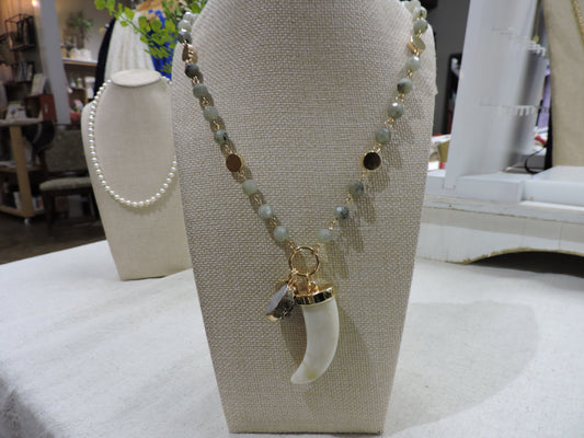 Kiwi Semi Precious Beaded Link Necklace with White Horn & Grey Druzy