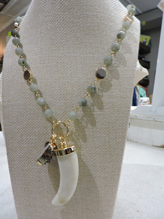 Kiwi Semi Precious Beaded Link Necklace with White Horn & Grey Druzy