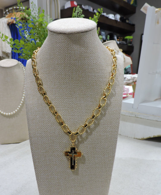 Gold Handtwisted Chain Necklace with Tortoise Cross