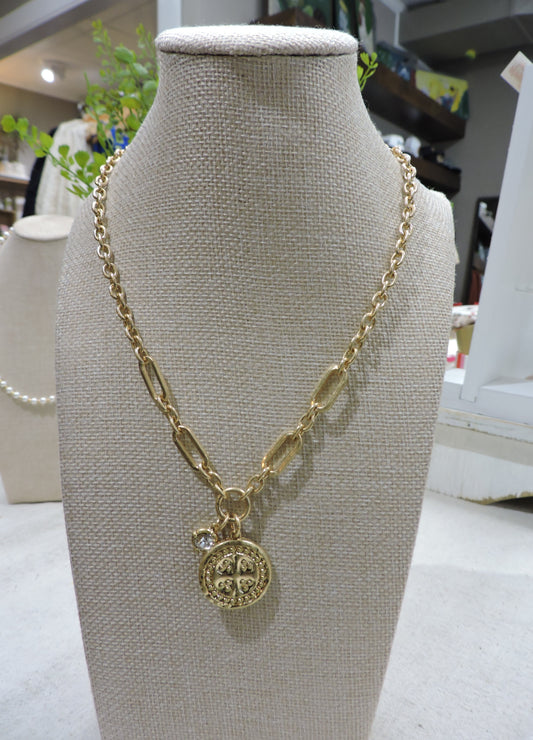 Gold Mixed Cable, Paperclip Chain Necklace with Gold Coin with Cross, Crystal Charm