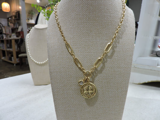 Gold Mixed Cable, Paperclip Chain Necklace with Gold Coin with Cross, Crystal Charm