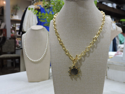 Gold Oval Round Chain Necklace with Grey Shell Square with Labrodite Accents