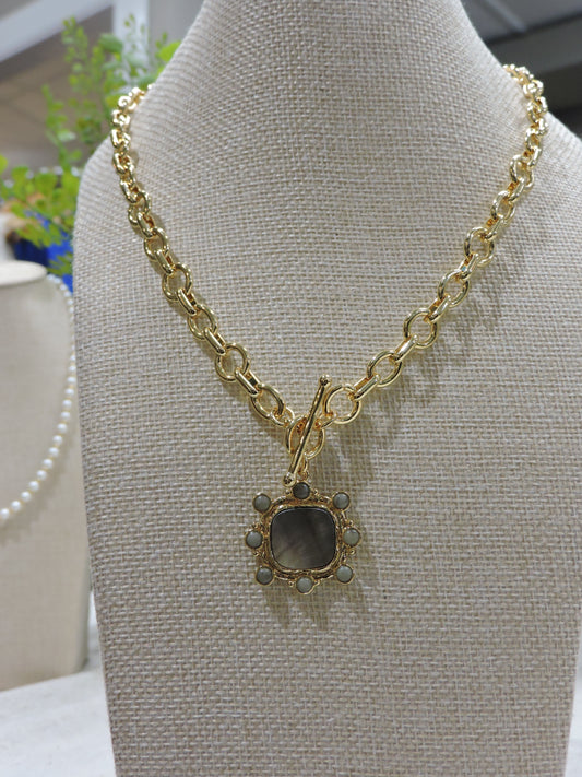 Gold Oval Round Chain Necklace with Grey Shell Square with Labrodite Accents