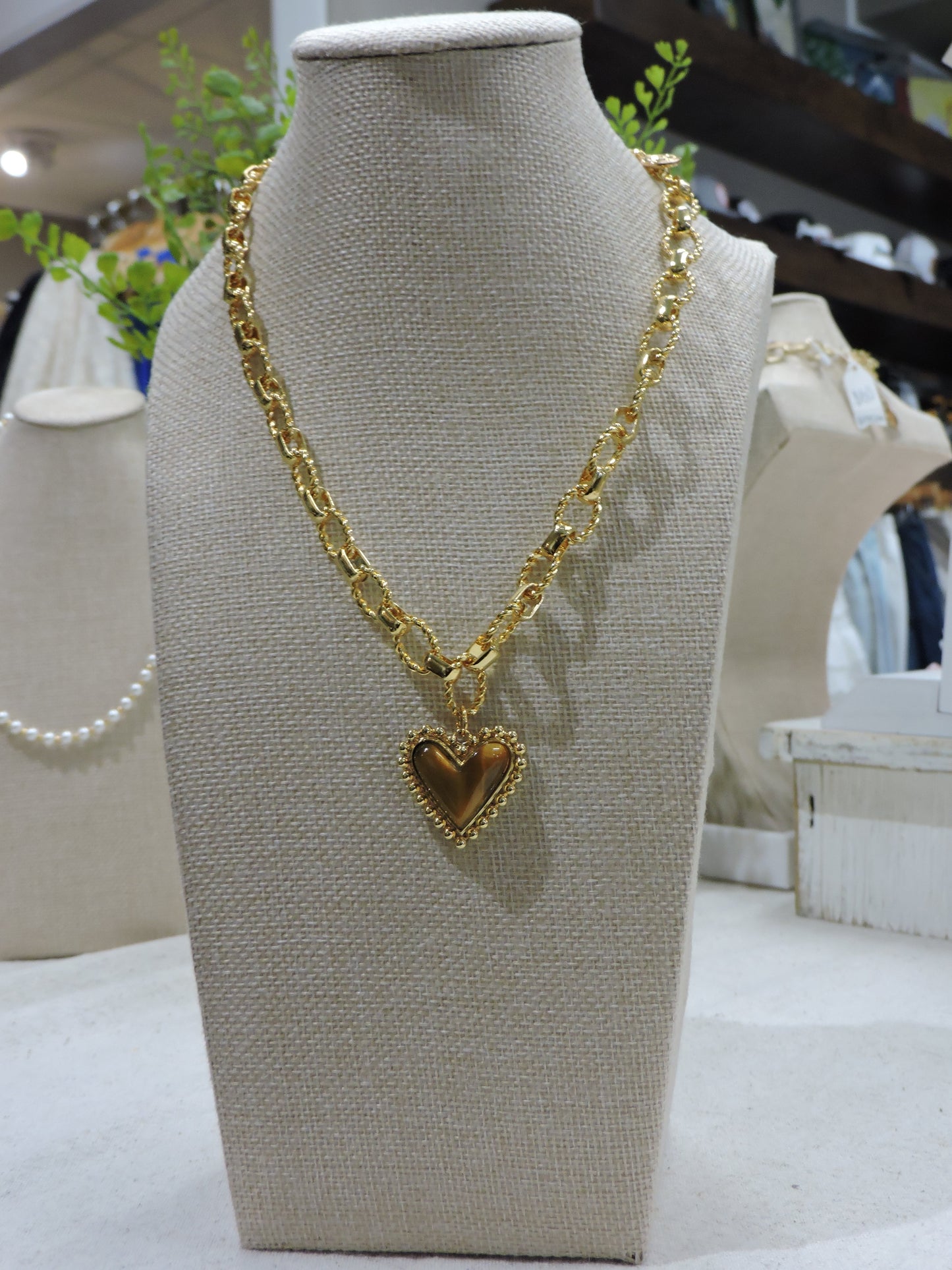 Gold Handtwisted Chain Necklace with Tortoise Heart