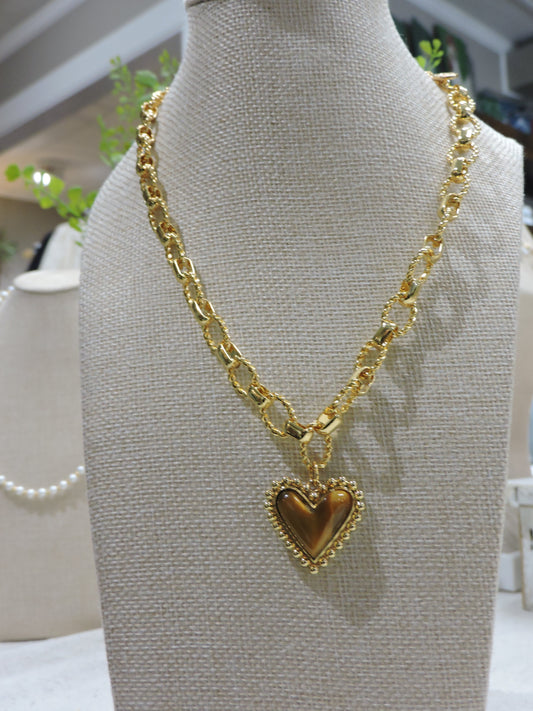 Gold Handtwisted Chain Necklace with Tortoise Heart