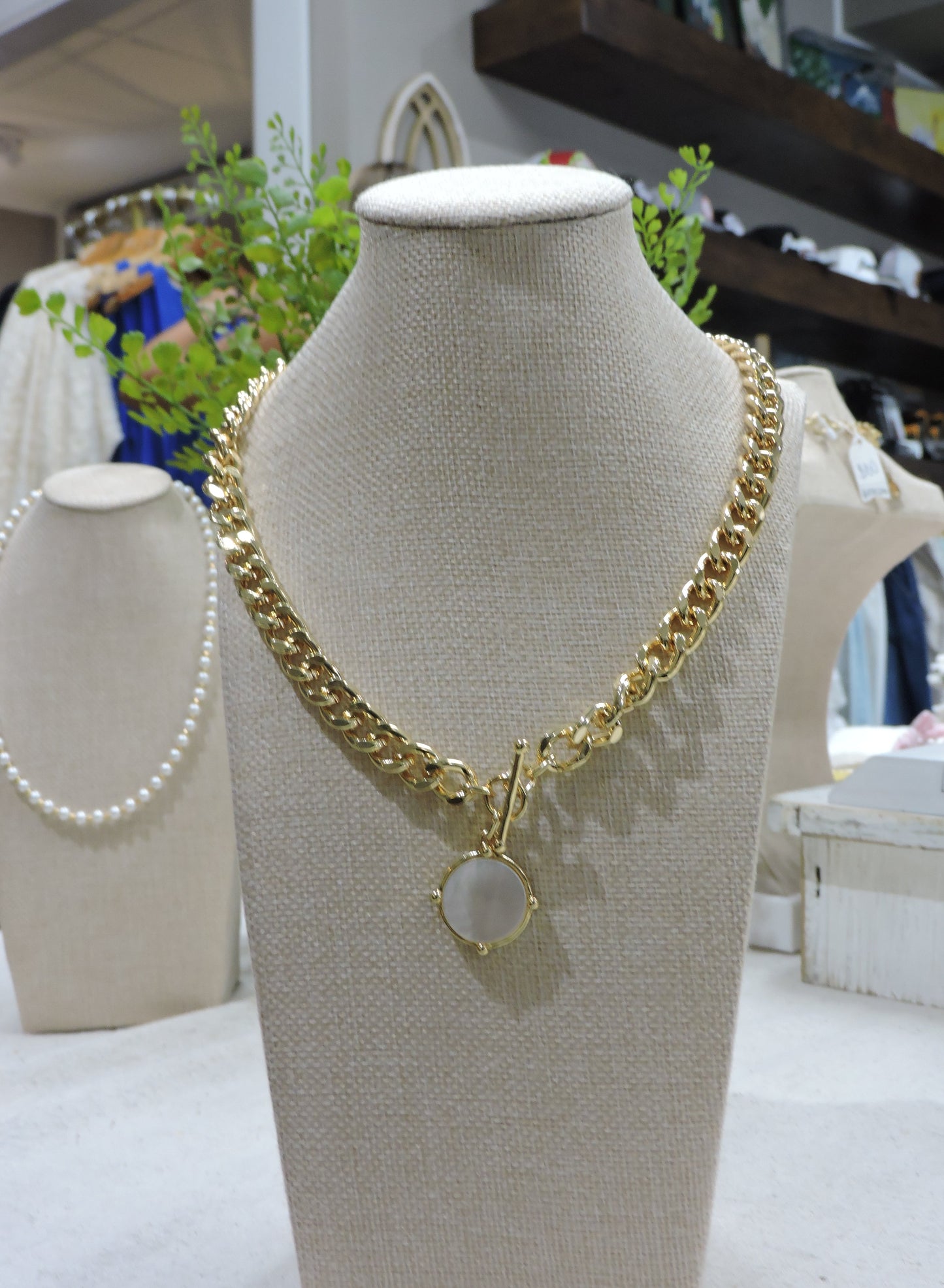 Gold Satellite Chain Necklace with White Shell Circle Pendant