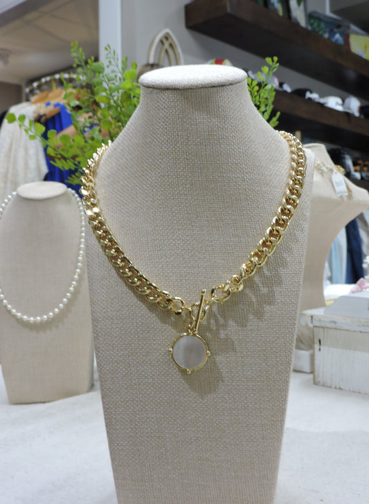 Gold Satellite Chain Necklace with White Shell Circle Pendant