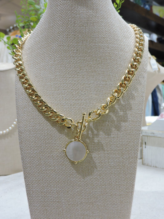 Gold Satellite Chain Necklace with White Shell Circle Pendant
