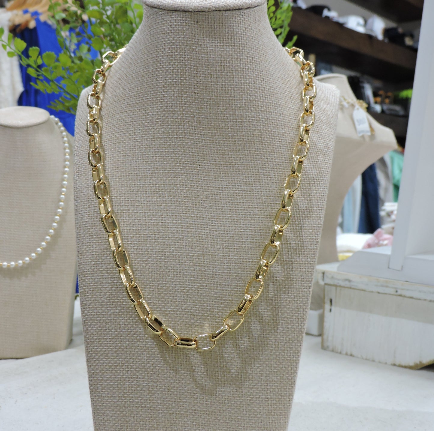 Gold Plated Round Square Link Chain Necklace