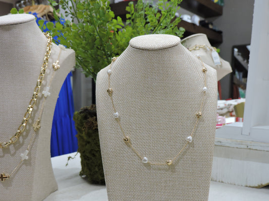 Gold Satelite Chain Necklace with Gold, Pearl Heart Stations