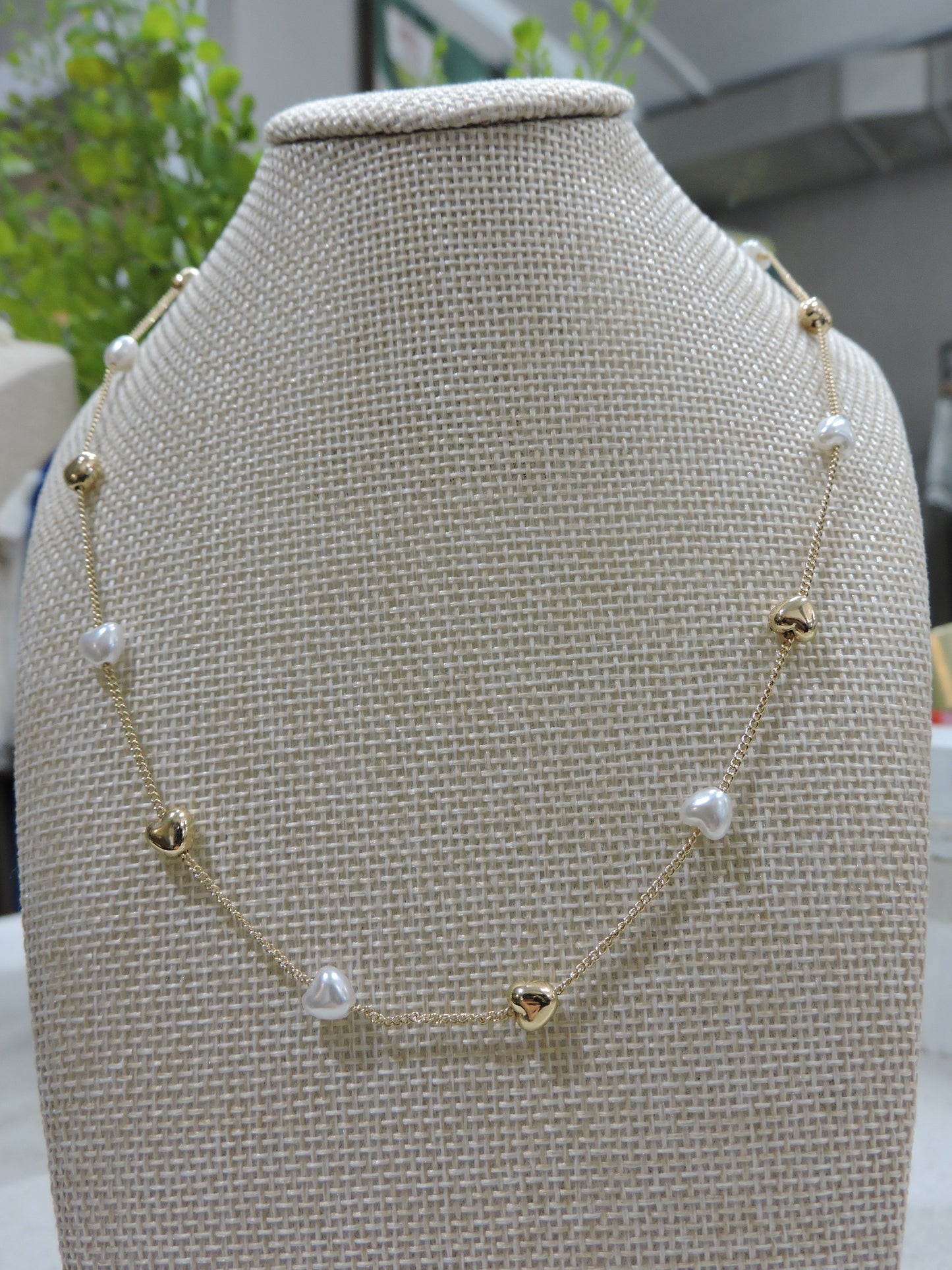 Gold Satelite Chain Necklace with Gold, Pearl Heart Stations
