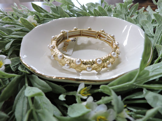 Gold Pearl Inlay Artisan Stretch Bangle Bracelet