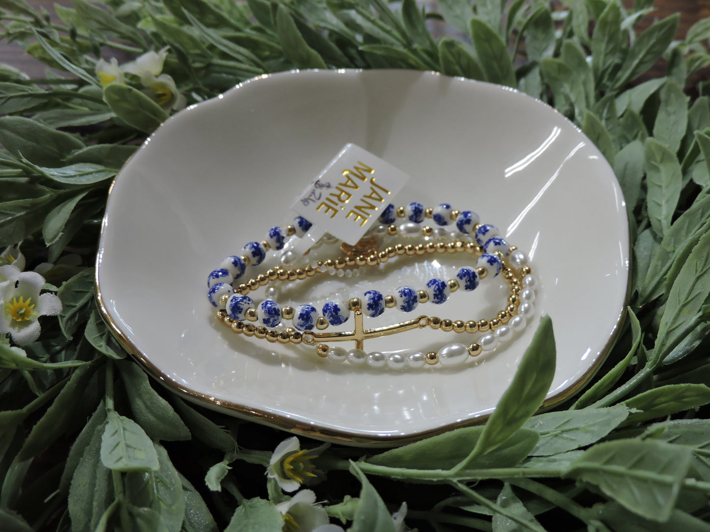 Blue Floral, Pearl, Gold Beaded Stretch Bracelet with Cross