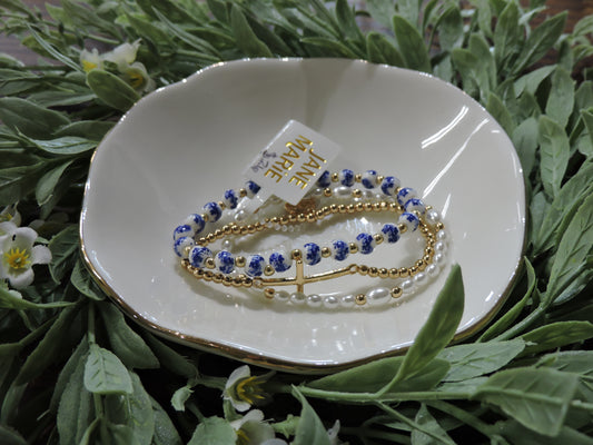Blue Floral, Pearl, Gold Beaded Stretch Bracelet with Cross