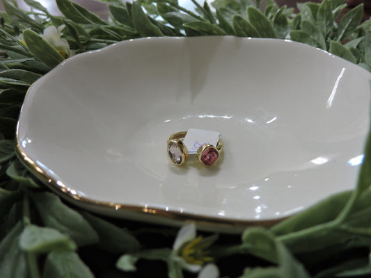 Gold Hot Pink Crystal, Light Pink Oval Crystals Adjustable Ring