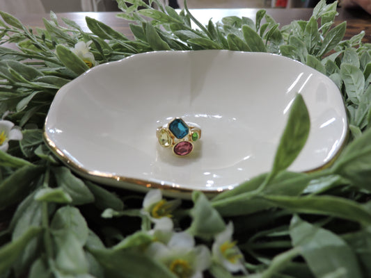 Gold Pink, Yellow, Green, Blue Crystal Cluster Adjustable Ring