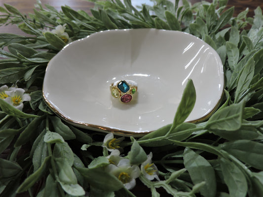 Gold Pink, Yellow, Green, Blue Crystal Cluster Adjustable Ring