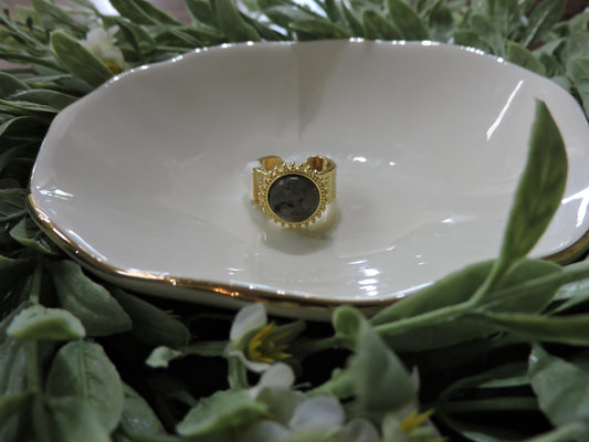 Gold Line Textured Ring with Labrodite Circle