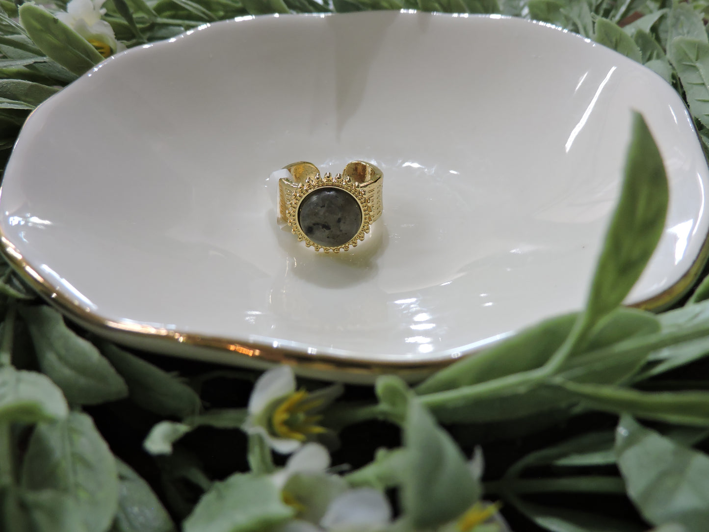 Gold Line Textured Ring with Labrodite Circle