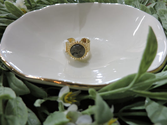 Gold Line Textured Ring with Labrodite Circle