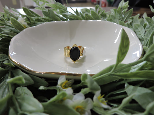 Gold Line Textured Ring with Black Oval