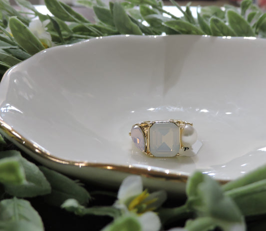 Gold Round Pearl, Square Moonstone Crystal, Teardrop AB Crystals Adjustable Ring