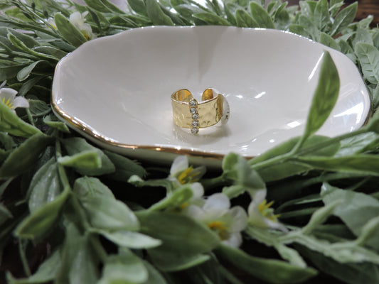 Gold Hammered Ring with Clear Crystal Line