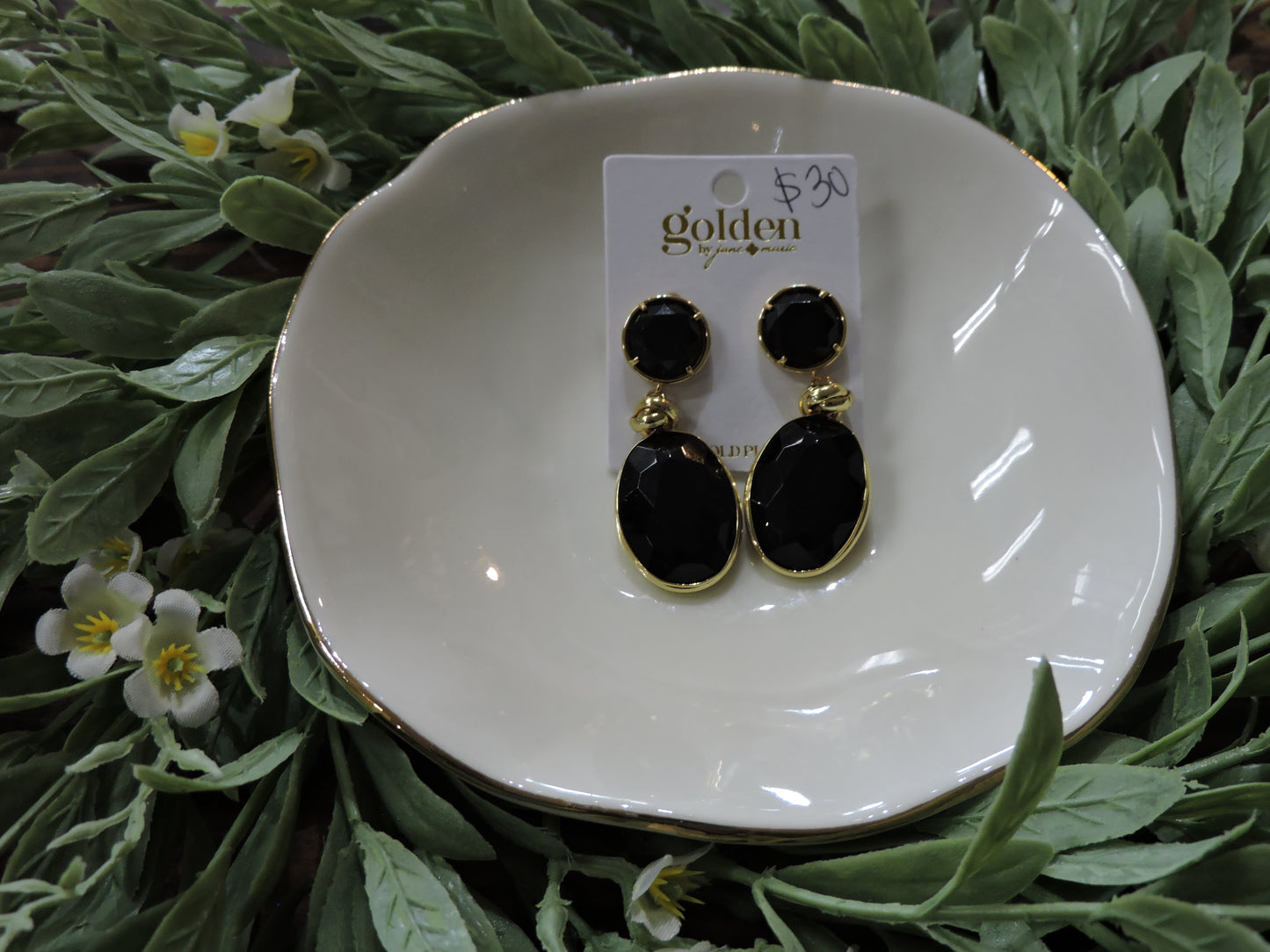 Gold Plated Black Crystal Circle Post Earring with Black Crystal Teardrop